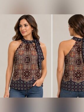1.STATE Women’s Small Halter Tie Neck Boho Medallion Print Sleeveless Top